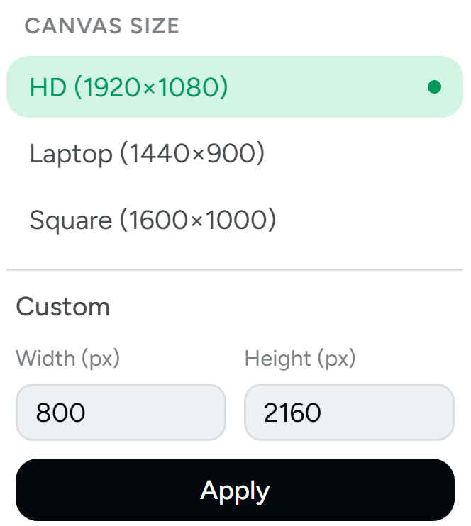 Canvas size preset picker showing HD, laptop, square, and custom options